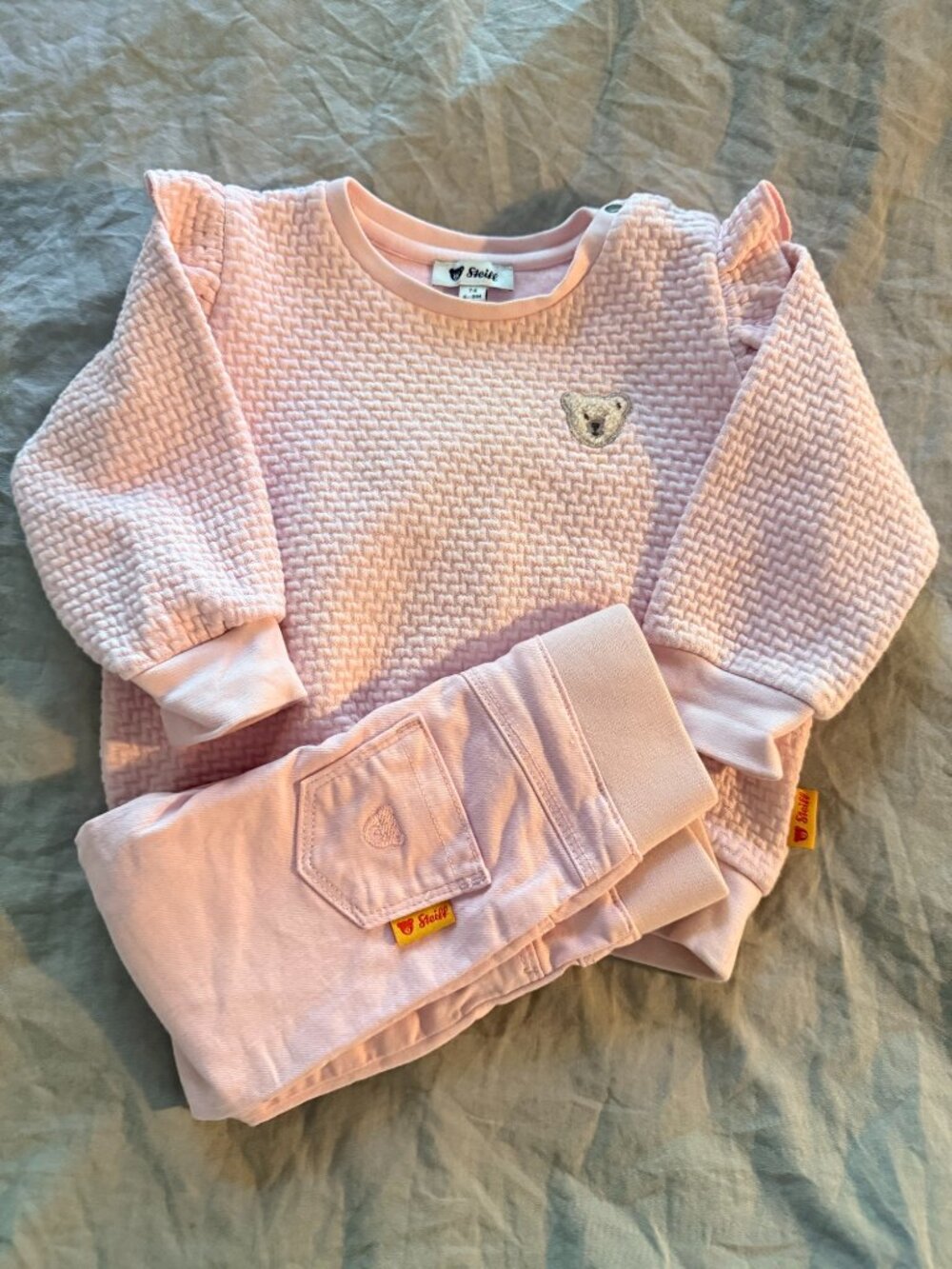 Steiff Baby Girl Pink Ruffle Sweatshirt + Jeggings Outfit 6-9M Teddy Bear